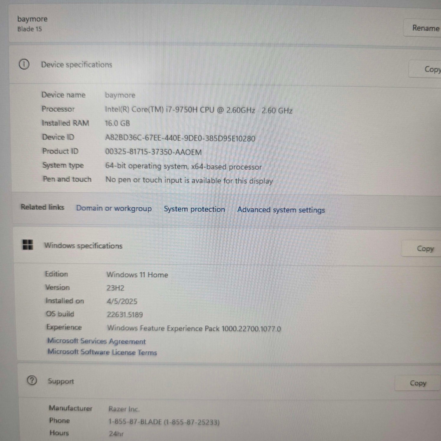 Razer BLADE 15" i7-9750H 4.5GHz 16GB RAM 256GB SSD GeForce GTX 1660 Ti