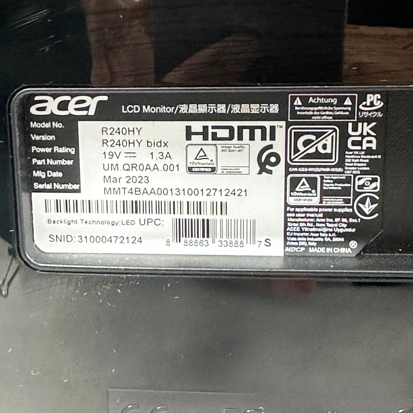 Acer 23.6" r240hy LED IPS 60Hz LCD Monitor