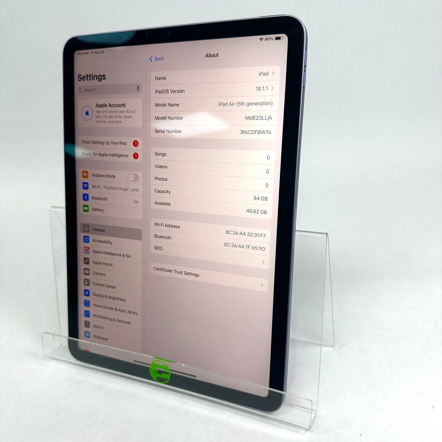 WiFi Only Apple iPad Air 5th Gen 64GB Purple
