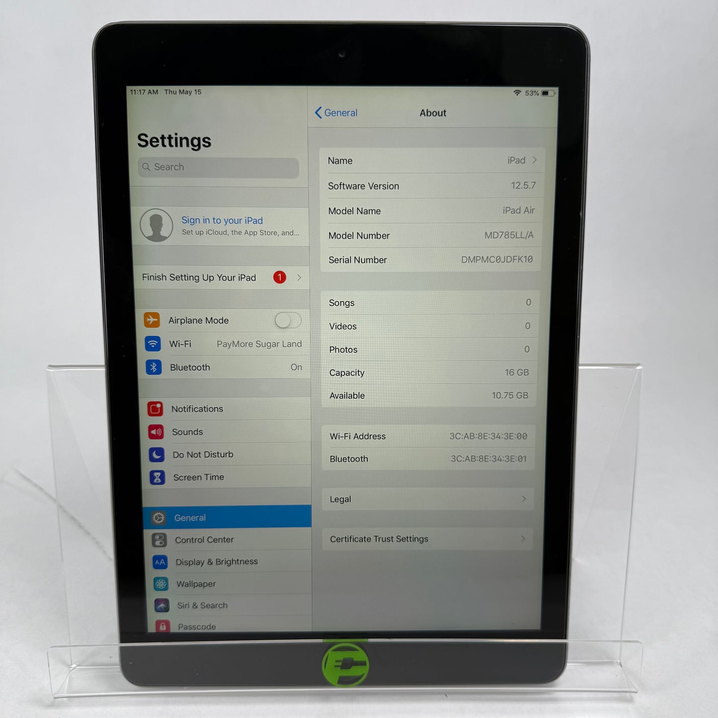 WiFi Only Apple iPad Air 1st Gen 16GB 12.5.7 SPACE GRAY MD785LL/A