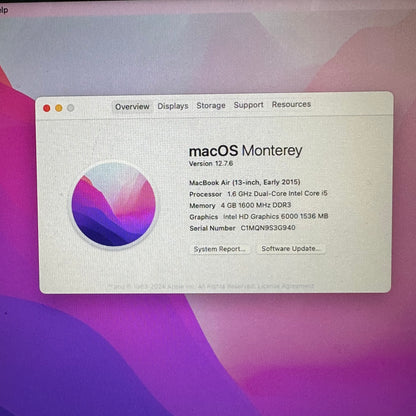 2015 Apple MacBook Air 13.3" i5 1.6GHz 4GB RAM 128GB SSD Silver A1466