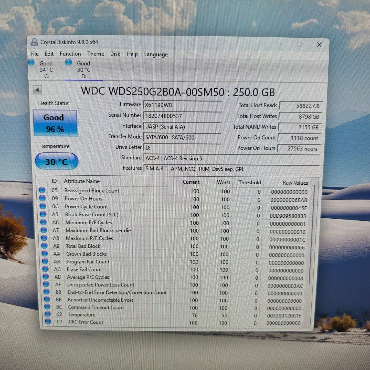 Lot of 6 Western Digital 2.5" Blue 3D NAND 250GB SATA III 6Gbps SSD WDS250G2B0A