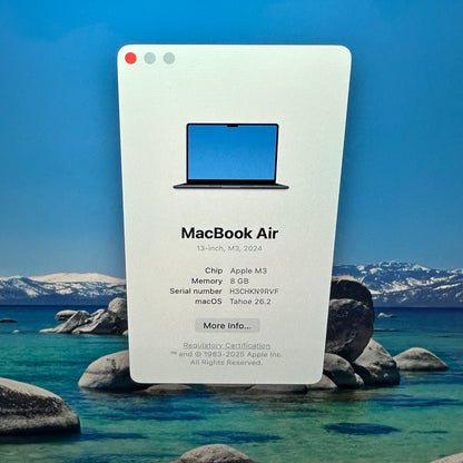 2024 Apple MacBook Air 13.6" M3 8C GPU 4.0GHz 8GB RAM 256GB SSD A3113