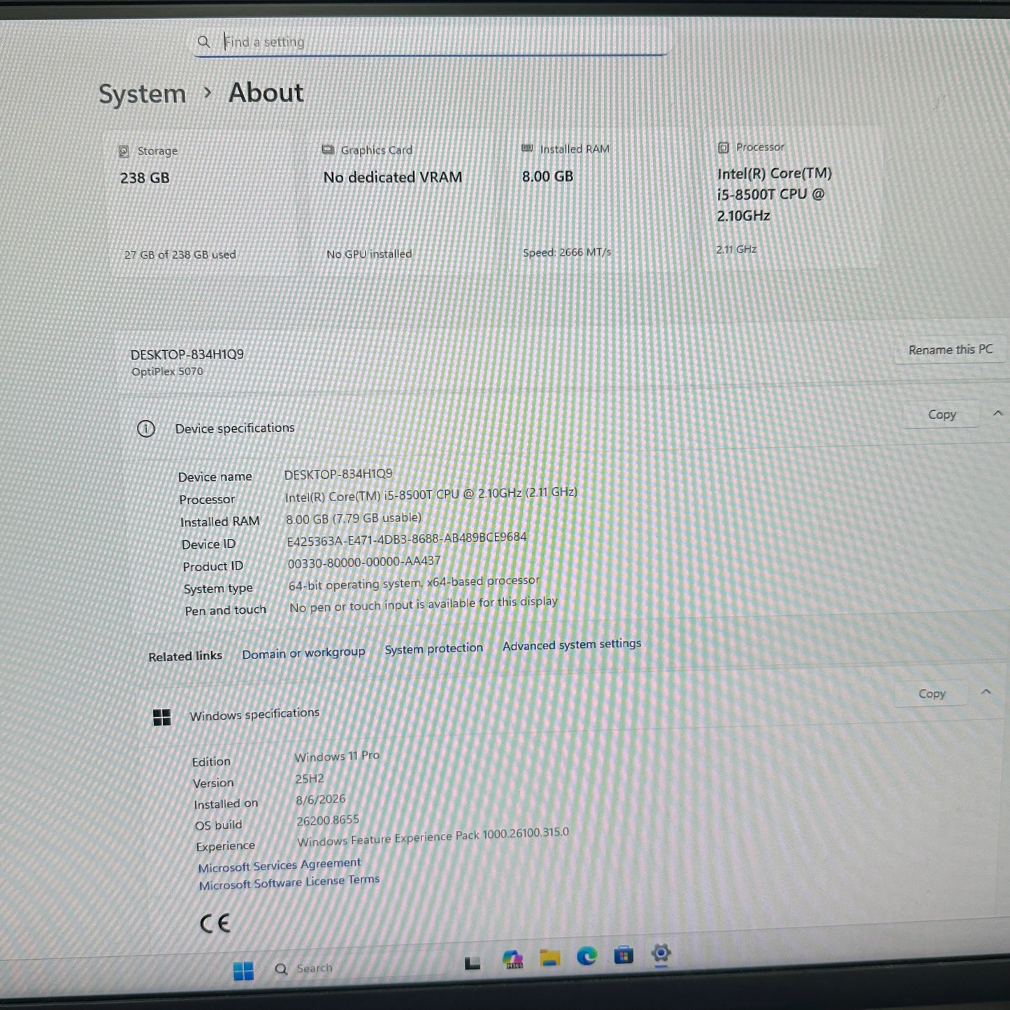 Dell OptiPlex 5070 Micro D10U Core i5-8500T 2.10GHz 8GB RAM 256GB SSD