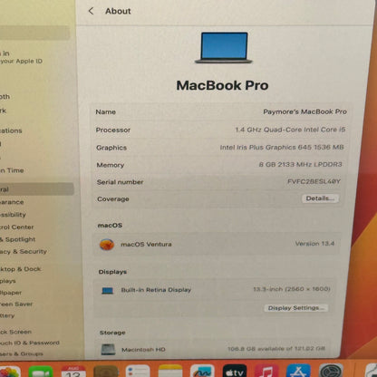 2019 Apple MacBook Pro 13.3" i5 1.4GHz 8GB RAM 128GB SSD Silver A2159