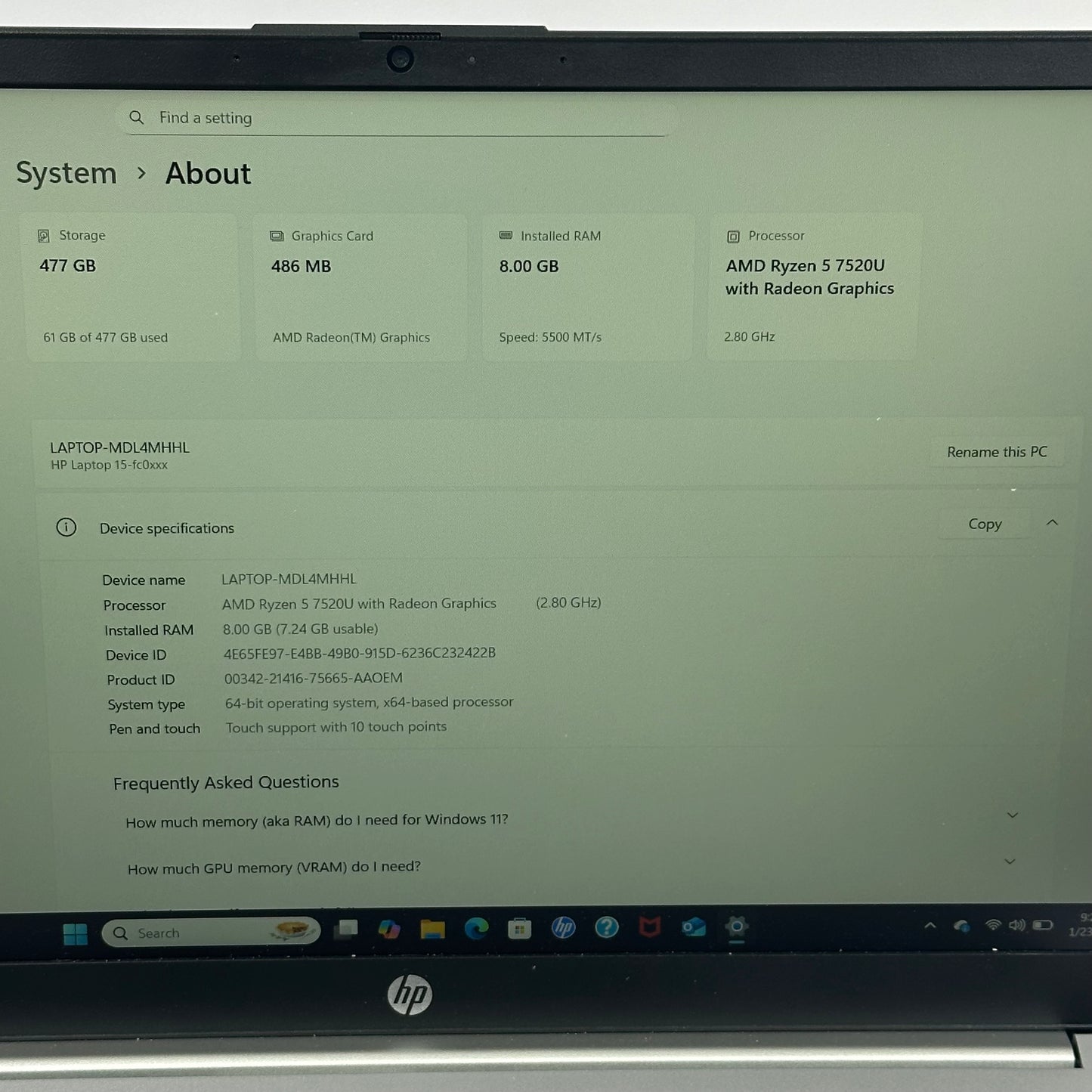 HP Laptop 15-FC0869NR 15.6" Ryzen 5 7520U 2.8GHz 8GB RAM 512GB SSD