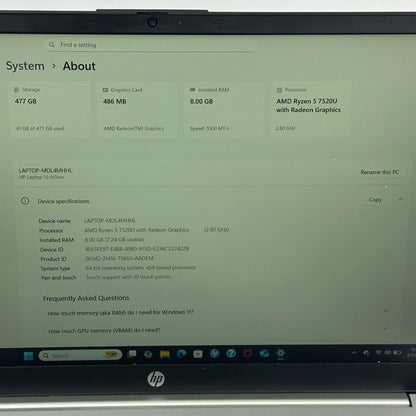 HP Laptop 15-FC0869NR 15.6" Ryzen 5 7520U 2.8GHz 8GB RAM 512GB SSD