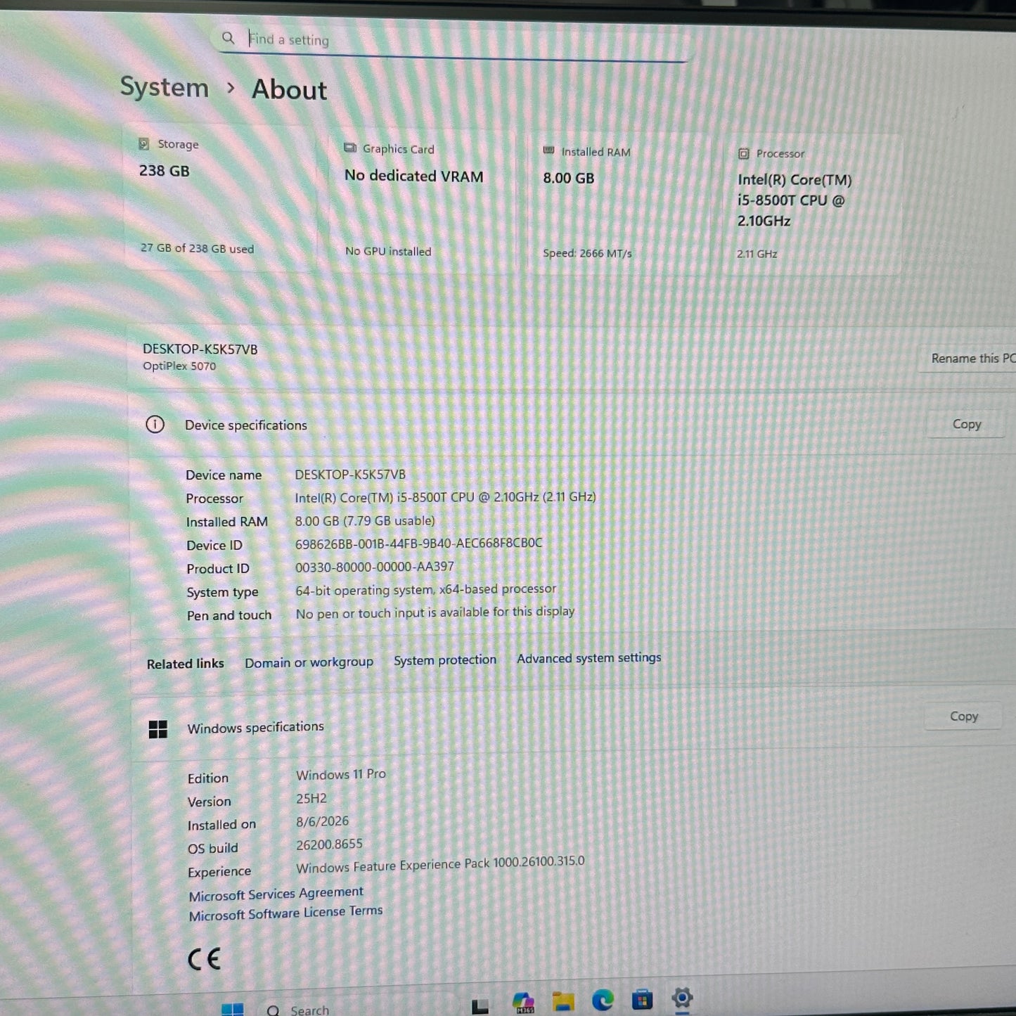 Dell OptiPlex 5070 Micro D10U Core i5-8500T 2.10GHz 8GB RAM 256GB SSD