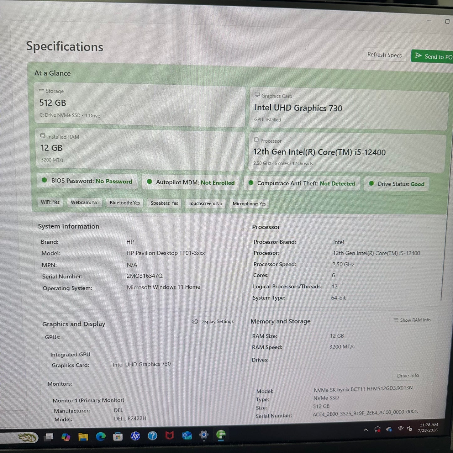 HP Pavilion TP01-3003W Core i5-12400 2.50GHz 12GB RAM 512GB SSD