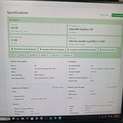 HP Pavilion TP01-3003W Core i5-12400 2.50GHz 12GB RAM 512GB SSD