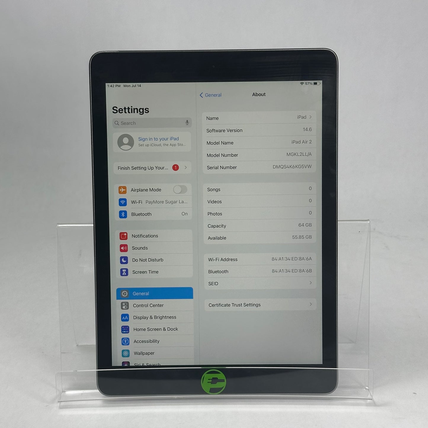 WiFi Only Apple iPad Air 2nd Gen 64GB 14.6 SPACE GRAY MGKL2LL/A