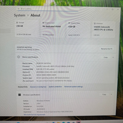 HP AIO 24-CB0011 23.8" Celeron J4025 2.00GHz 4GB RAM 256GB SSD