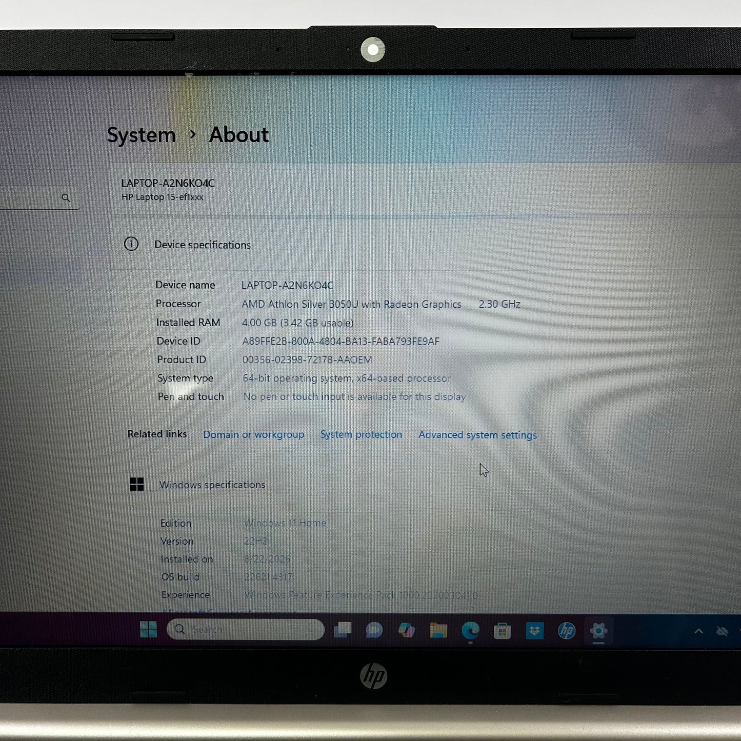 HP Laptop 15-ef1072wm 15.6" Athlon Silver 3050U 2.3GHz 4GB RAM 128GB SSD