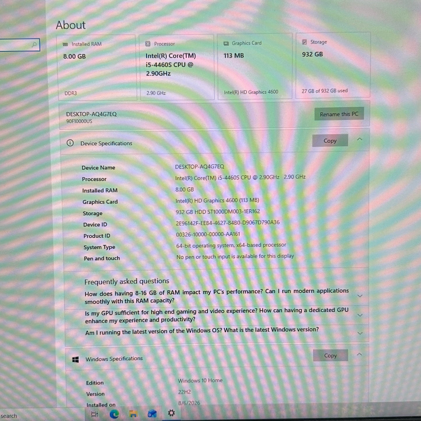 Lenovo  IdeaCentre 300S-08IHH 90F1 Core i5-4460 2.90GHz 8GB RAM 1TB HDD