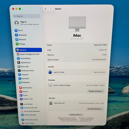 2021 Apple iMac 24" M1 8 Core 3.2GHz 8GB RAM 256GB SSD Silver A2438