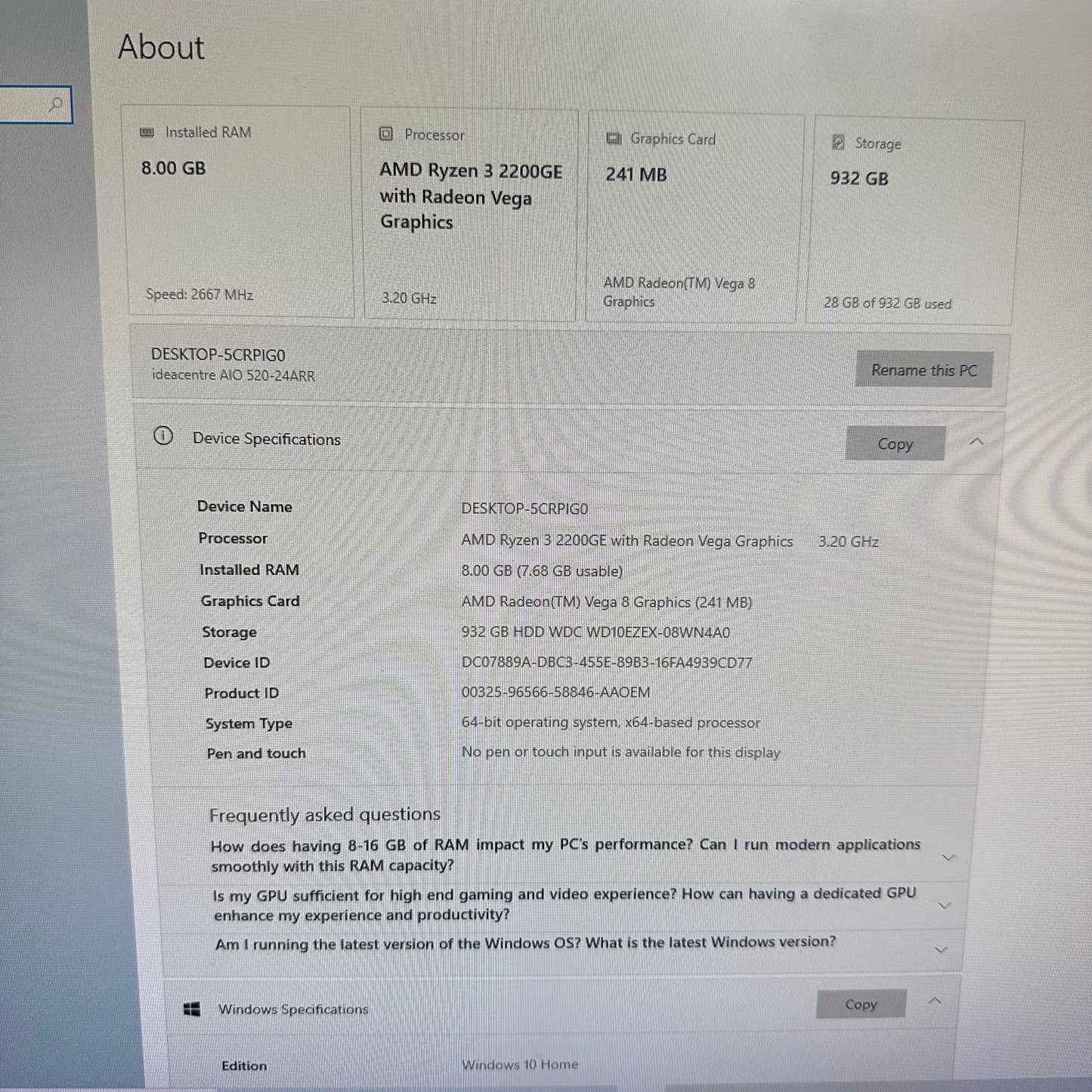 Lenovo Ideacentre AIO 520-24ARR 24" Ryzen 3 2200GE 3.20GHz 8GB RAM 1TB HDD