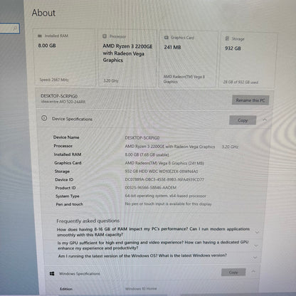 Lenovo Ideacentre AIO 520-24ARR 24" Ryzen 3 2200GE 3.20GHz 8GB RAM 1TB HDD