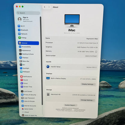 2020 Apple iMac 27" i5 3.1GHz 8GB RAM 256GB HDD Silver A2115