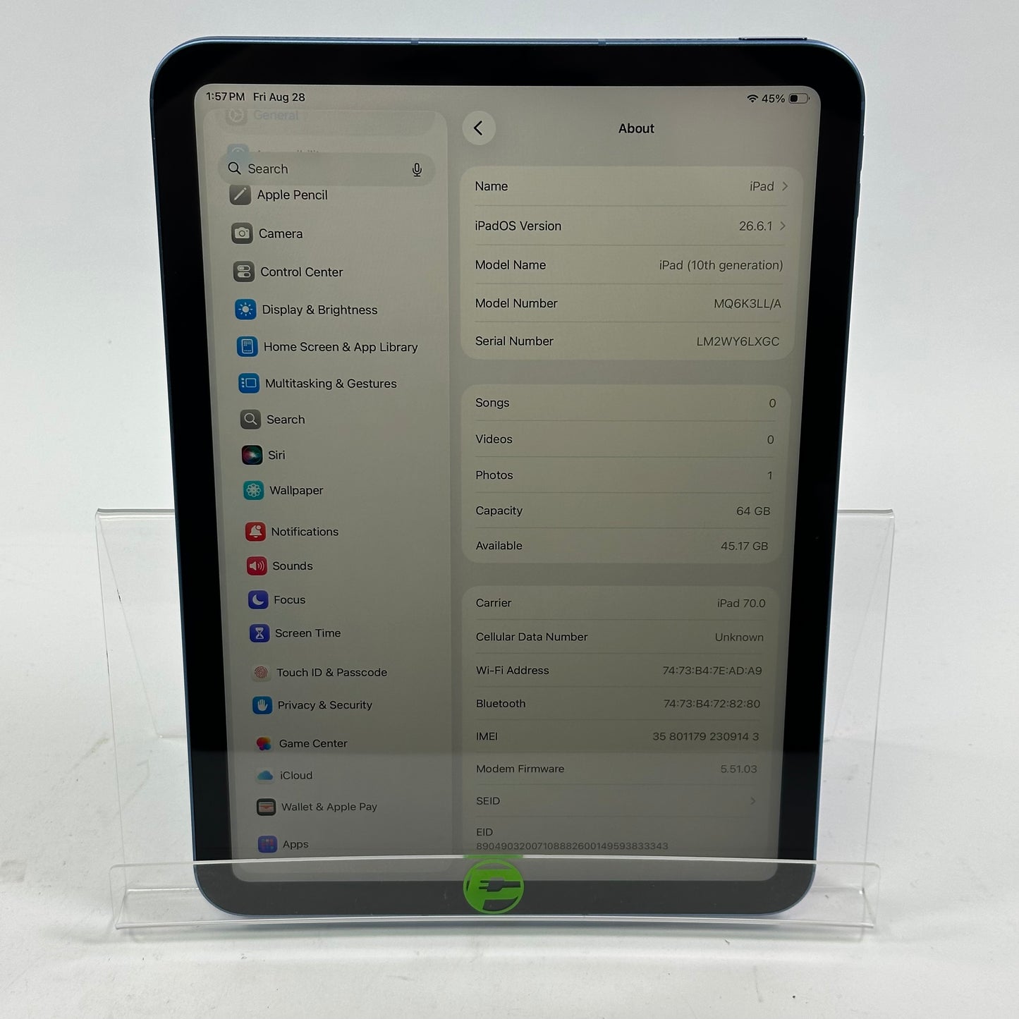 Factory Unlocked Apple iPad 10th Gen 64GB Blue MQ6K3LL/A
