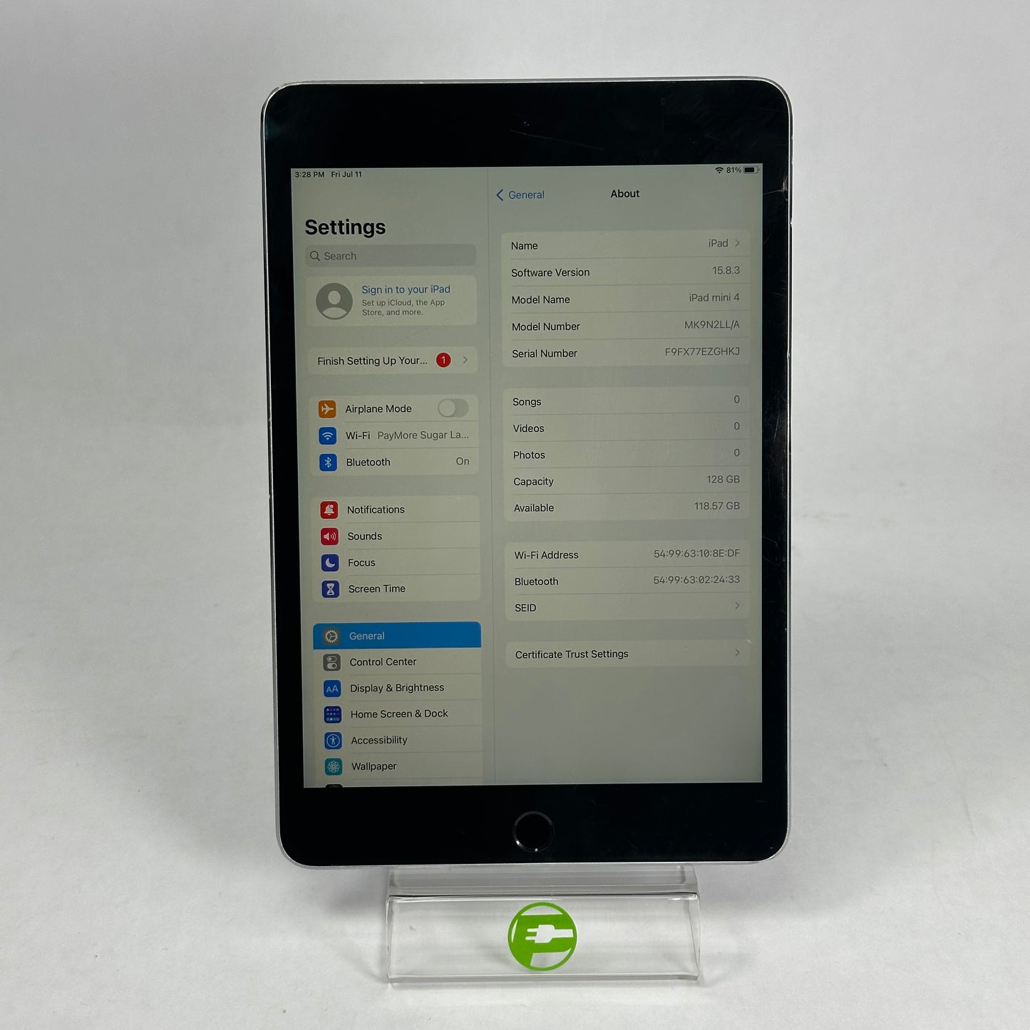 Broken WiFi Only Apple iPad Mini 4th Gen 128GB 15.8.3 MK9N2LL/A