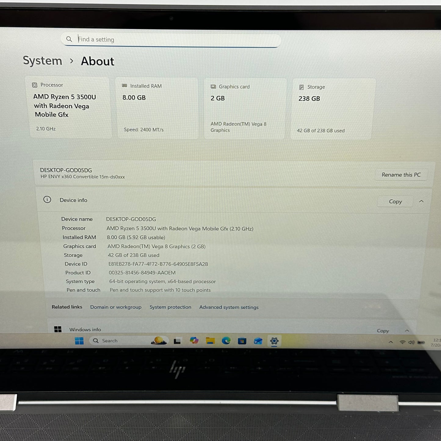 HP Envy x360 15M-DS0011DX 15.6" Ryzen 5 3500U 2.1GHz 8GB RAM 256GB SSD