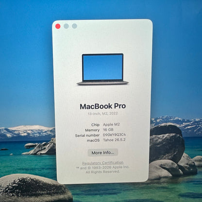 2022 Apple MacBook Pro 13.3" M2 10C GPU 3.5GHz 16GB RAM 512GB SSD A2338
