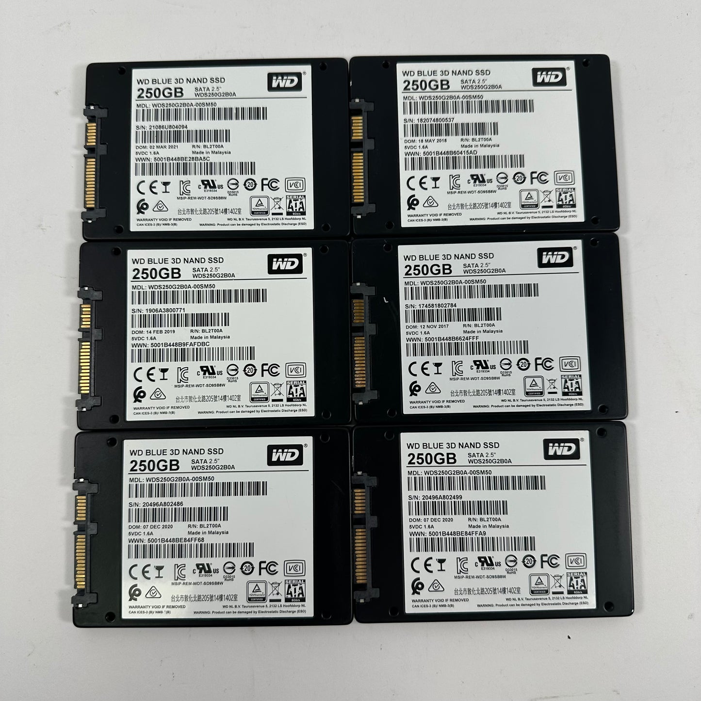 Lot of 6 Western Digital 2.5" Blue 3D NAND 250GB SATA III 6Gbps SSD WDS250G2B0A