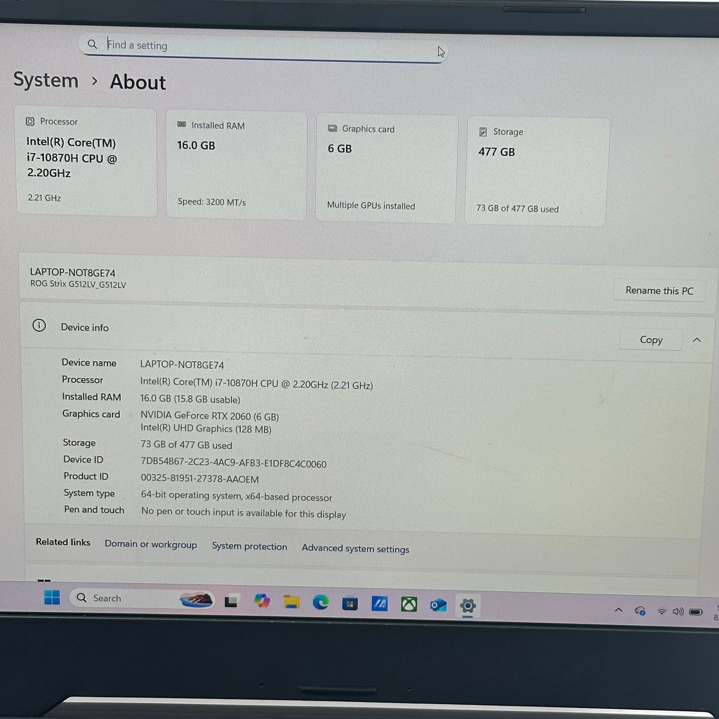 Asus ROG Strix G512L 15.6" i7-10870H 2.2GHz 16GB RAM 512GB SSD GeForce RTX 2060