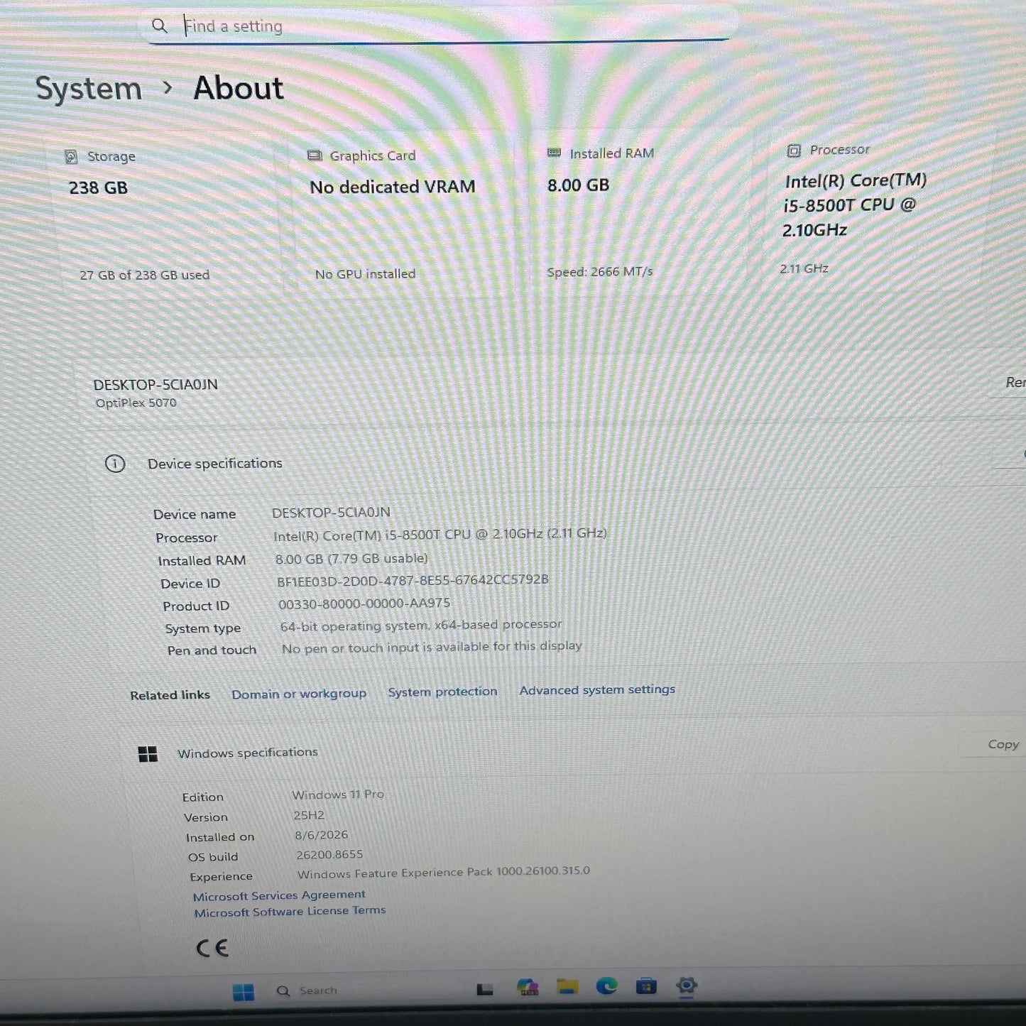 Dell OptiPlex 5070 Micro D10U Core i5-8500T 2.10GHz 8GB RAM 256GB SSD