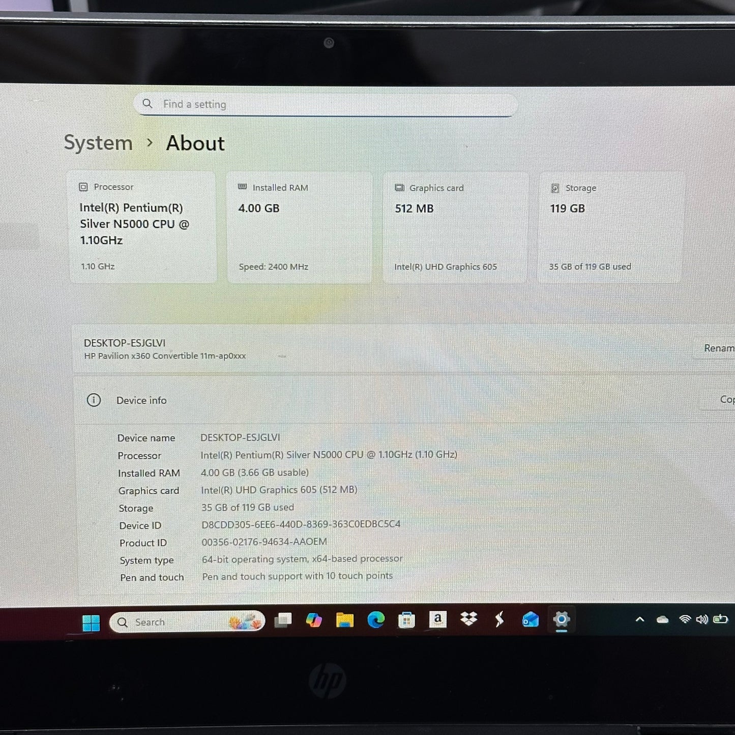 HP Pavilion x360 11M-AP0013DX 11.6" Pentium Silver N5000 1.10 4GB RAM 128GB SSD