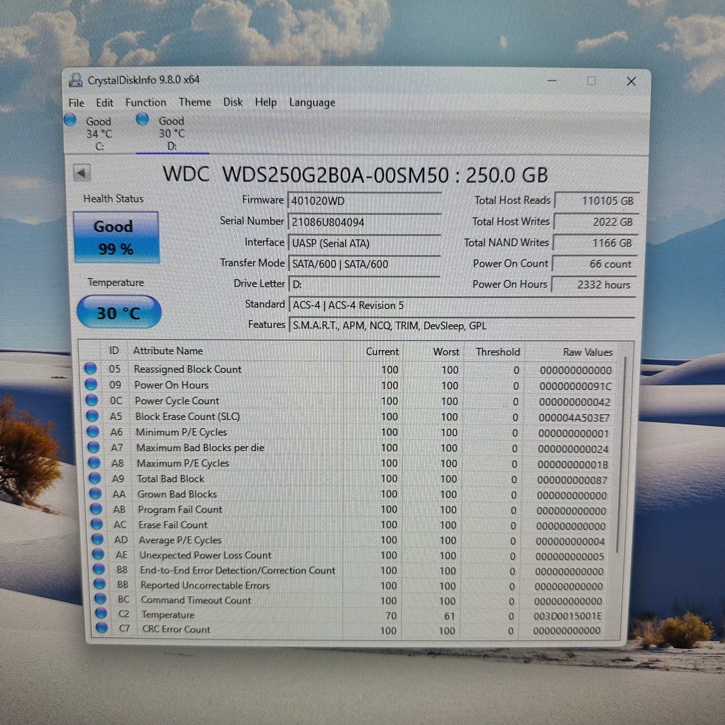 Lot of 6 Western Digital 2.5" Blue 3D NAND 250GB SATA III 6Gbps SSD WDS250G2B0A