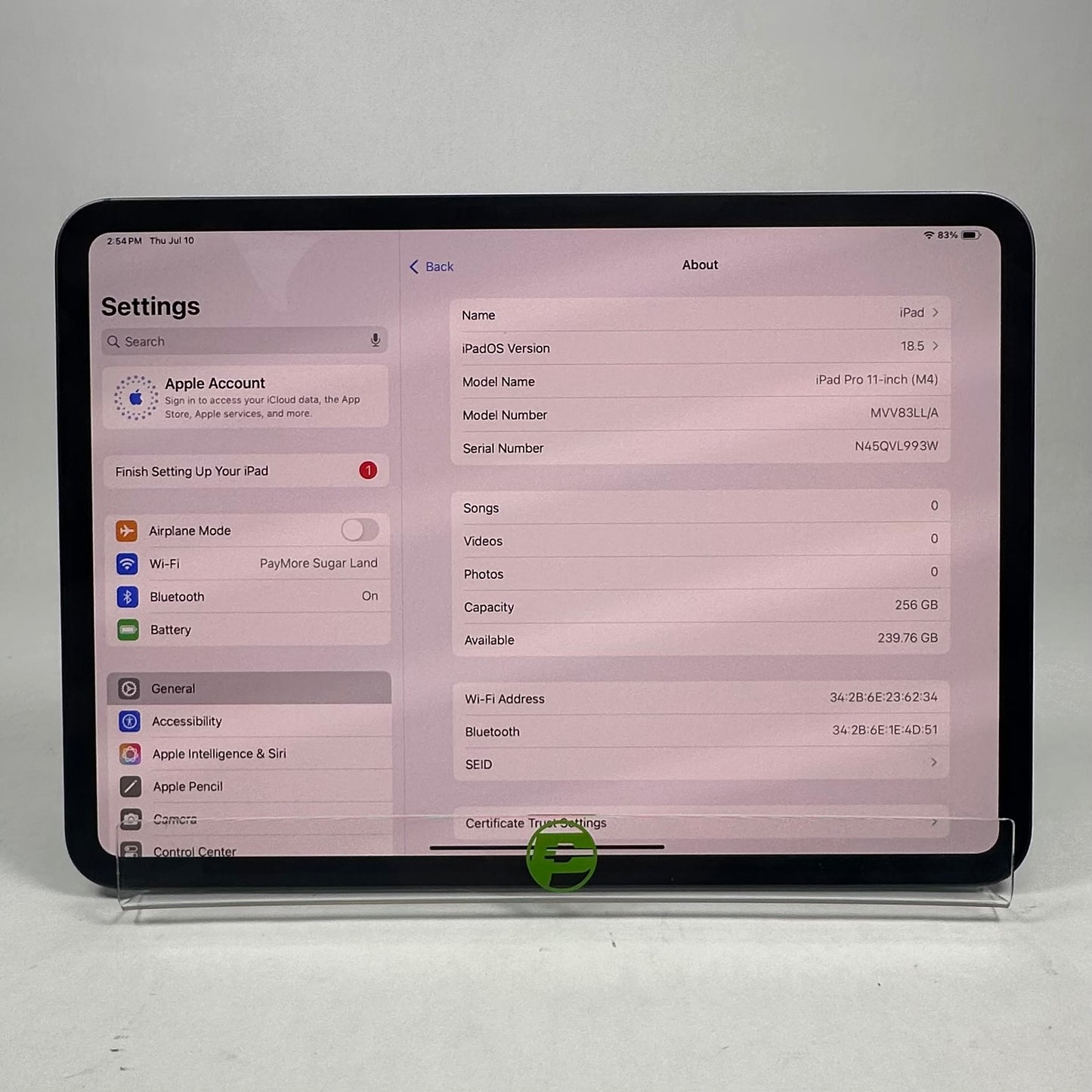 WiFi Only Apple iPad Pro 11" M4 256GB 18.5 Space Black MVV83LL/A