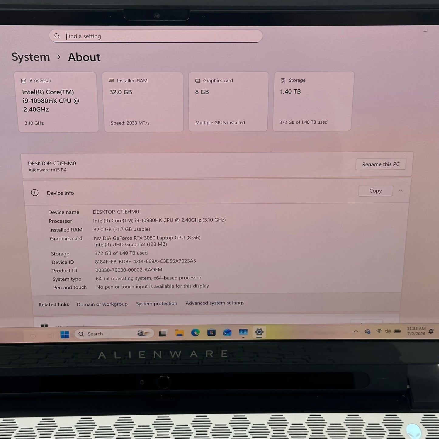 Alienware M15 15.6" i9-10980HK 2.4GHz 32GB RAM 1.5TB SSD GeForce RTX 3080