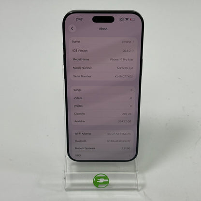 Factory Unlocked Apple iPhone 16 Pro Max 256GB Black Titanium MYW33LL/A