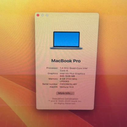 2019 Apple MacBook Pro 13.3" i5 1.4GHz 8GB RAM 128GB SSD Silver A2159