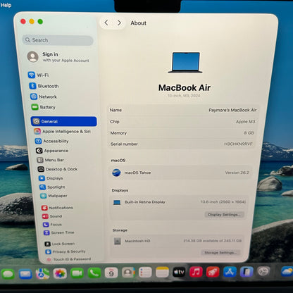 2024 Apple MacBook Air 13.6" M3 8C GPU 4.0GHz 8GB RAM 256GB SSD A3113