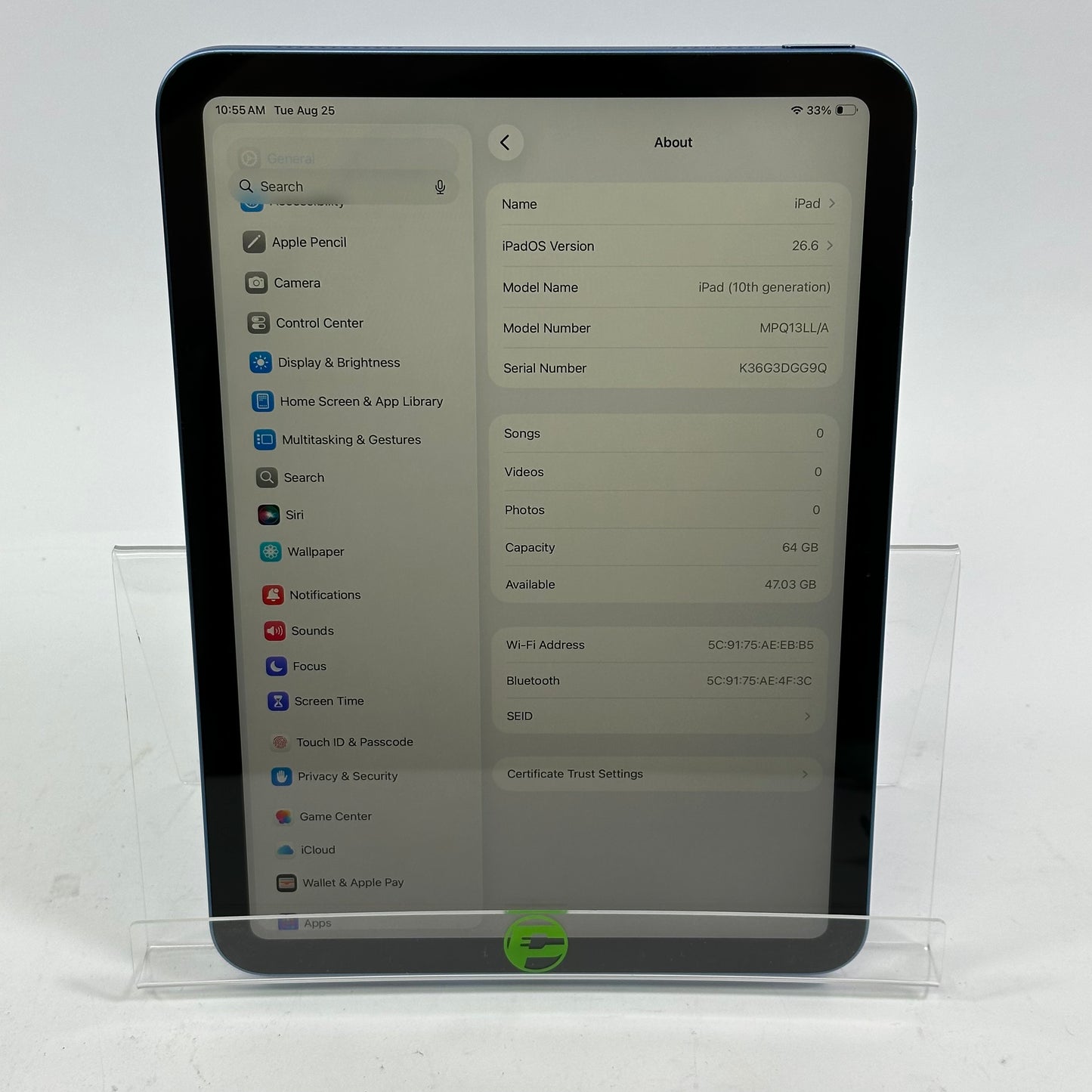 WiFi Only Apple iPad 10th Gen 64GB Blue MPQ13LL/A