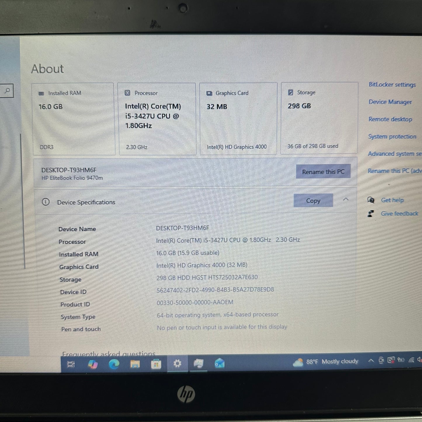 HP EliteBook Folio 9470M 14" i5-3427U 2.3GHz 16GB RAM 320GB HDD