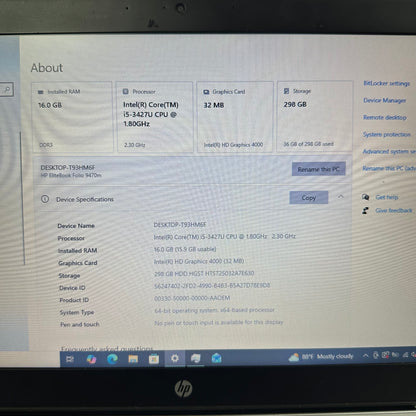 HP EliteBook Folio 9470M 14" i5-3427U 2.3GHz 16GB RAM 320GB HDD