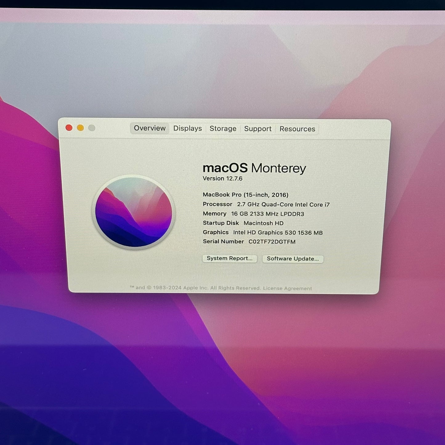 2016 Apple MacBook Pro 15" i7 2.7GHz 16GB RAM 512GB SSD Space Gray A1707