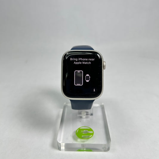 GPS Only Apple Watch Series 7 45MM Silver Aluminum Blue Sport Band A2474