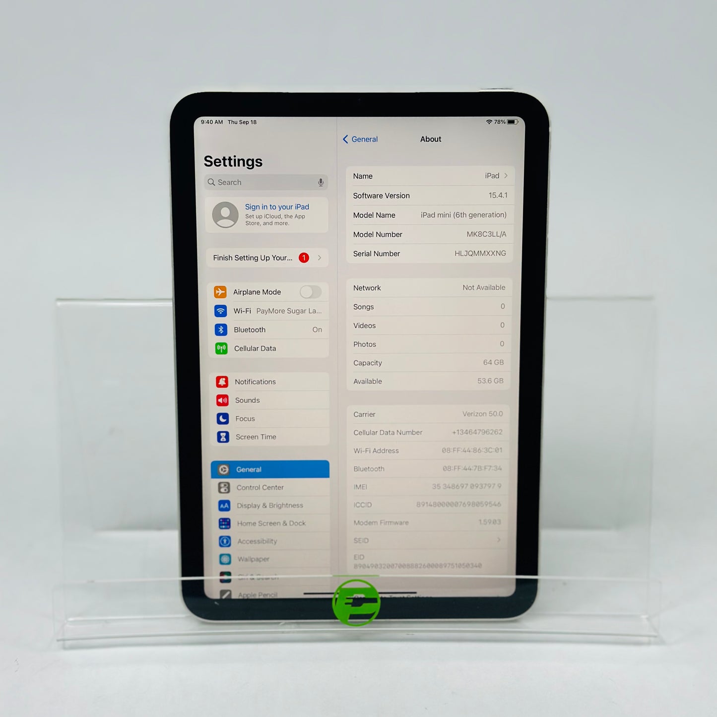 Verizon Apple iPad Mini 6th Gen 64GB Starlight MK8C3LL/A